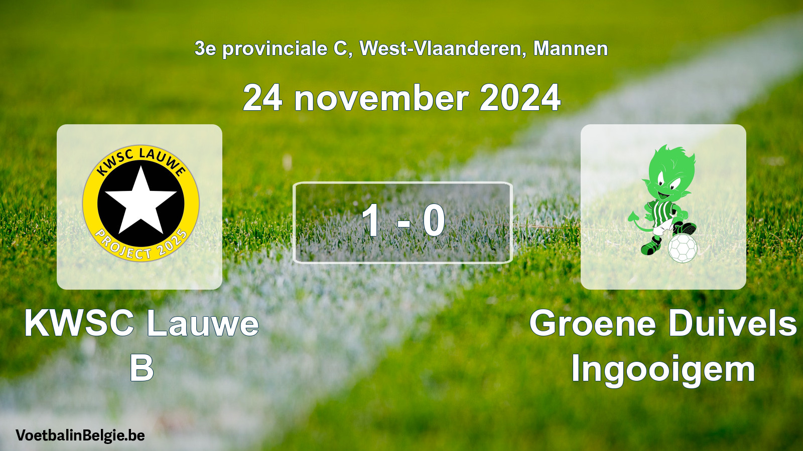 Gespeelde wedstrijd mannenvoetbal: KWSC Lauwe B - Groene Duivels Ingooigem 1 - 0 (24 november 2024)