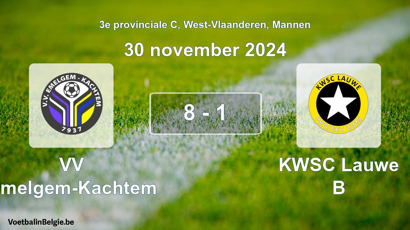 Played match men football: VV Emelgem-Kachtem - KWSC Lauwe B 8 - 1 (30 November 2024)