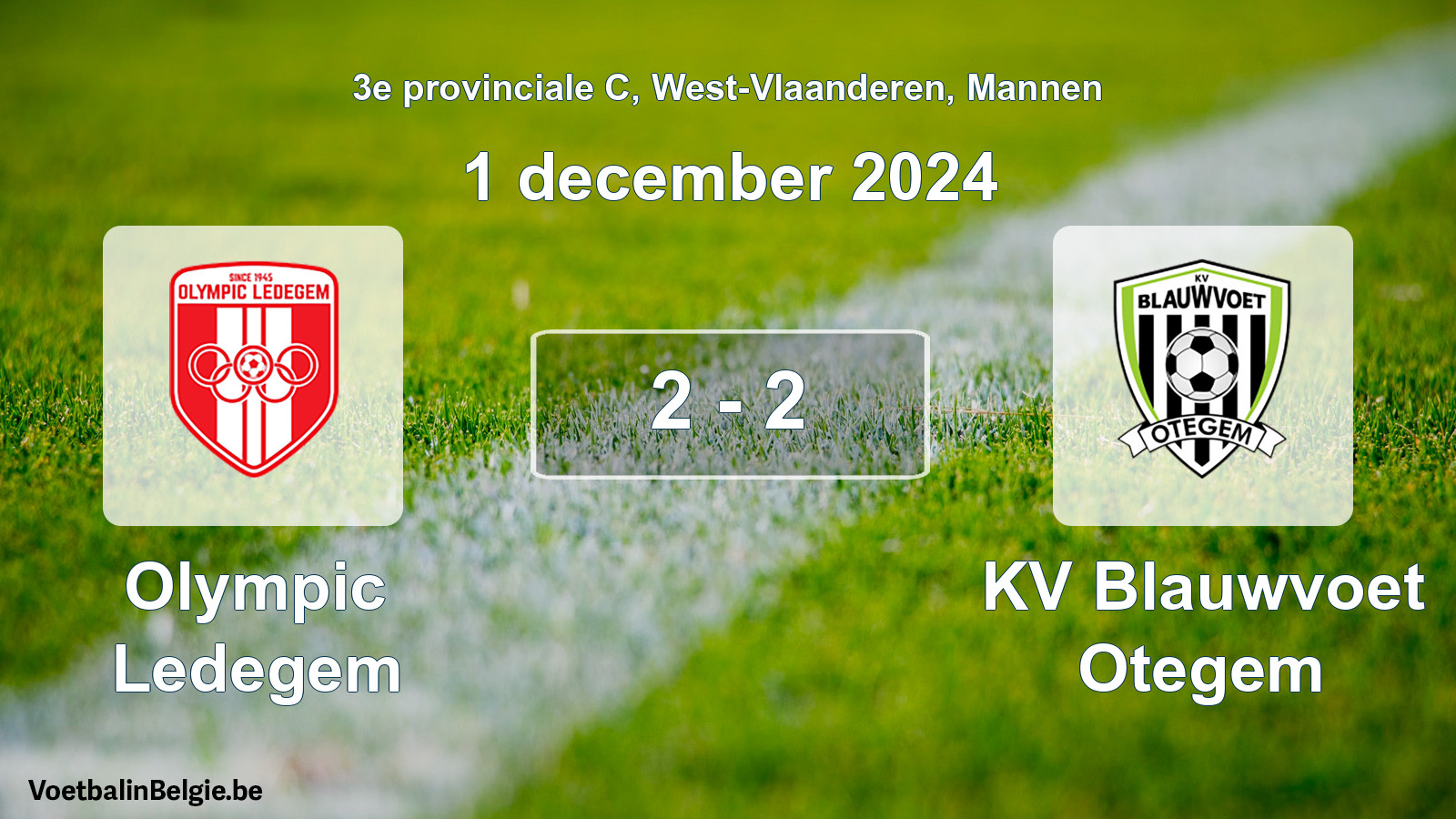Gespeelde wedstrijd mannenvoetbal: Olympic Ledegem - KV Blauwvoet Otegem 2 - 2 (1 december 2024)