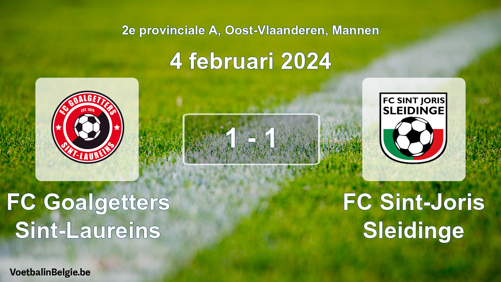 Gespeelde wedstrijd mannenvoetbal: FC Goalgetters Sint-Laureins - FC Sint-Joris Sleidinge 1 - 1 (4 februari 2024)