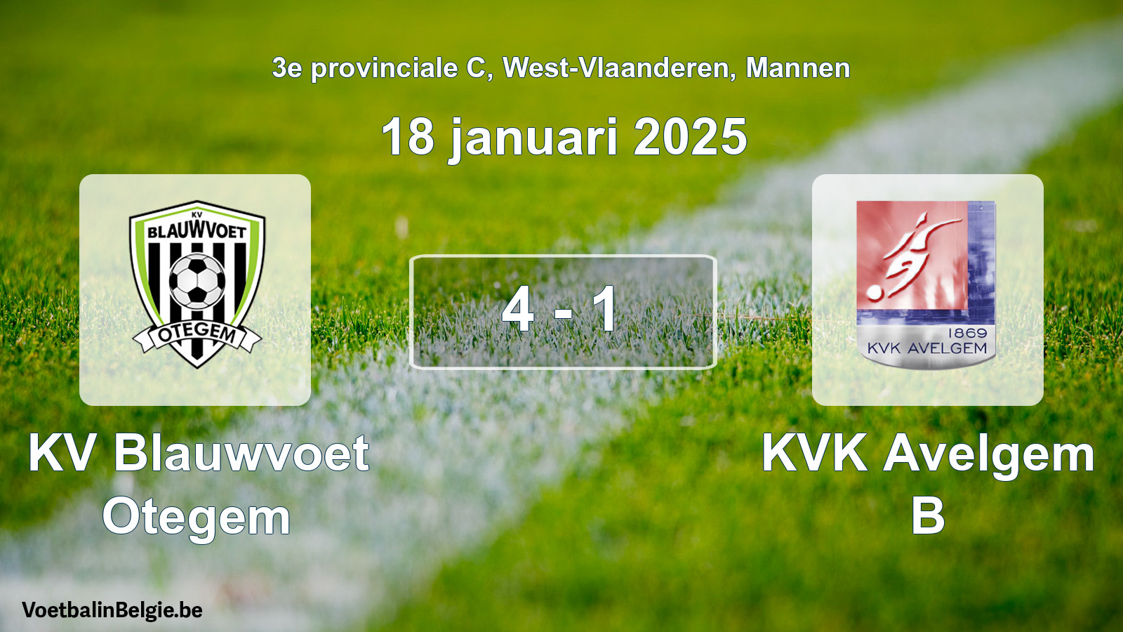 Gespeelde wedstrijd mannenvoetbal: KV Blauwvoet Otegem - KVK Avelgem B 4 - 1 (18 januari 2025)