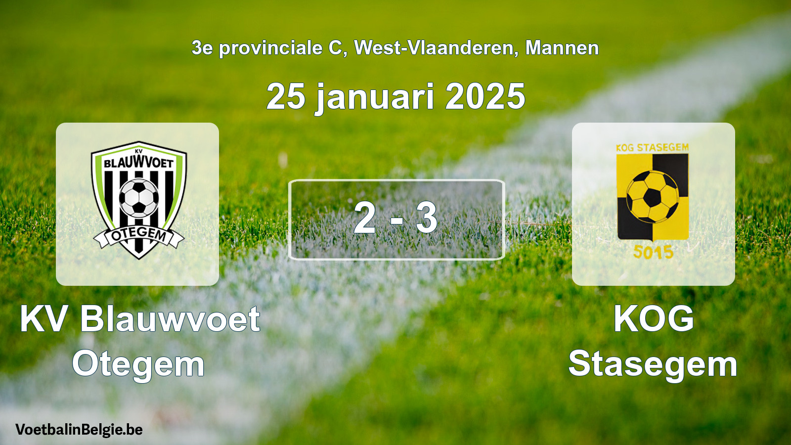 Gespeelde wedstrijd mannenvoetbal: KV Blauwvoet Otegem - KOG Stasegem 2 - 3 (25 januari 2025)