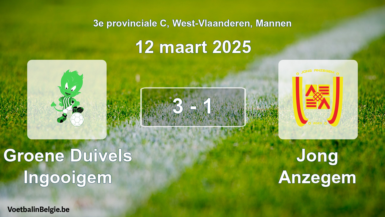 Gespeelde wedstrijd mannenvoetbal: Groene Duivels Ingooigem - Jong Anzegem 3 - 1 (12 maart 2025)