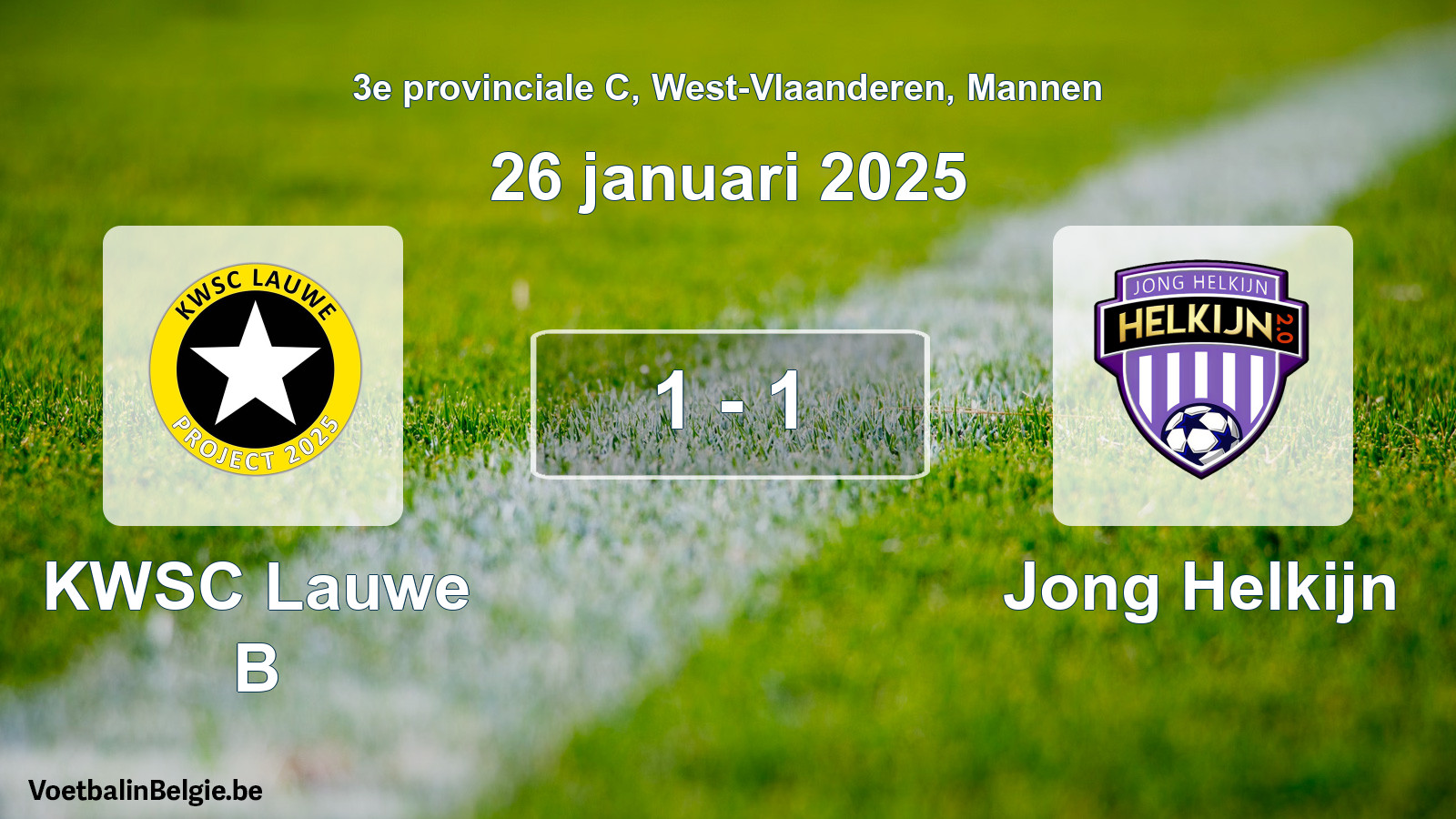 Gespeelde wedstrijd mannenvoetbal: KWSC Lauwe B - Jong Helkijn 1 - 1 (26 januari 2025)