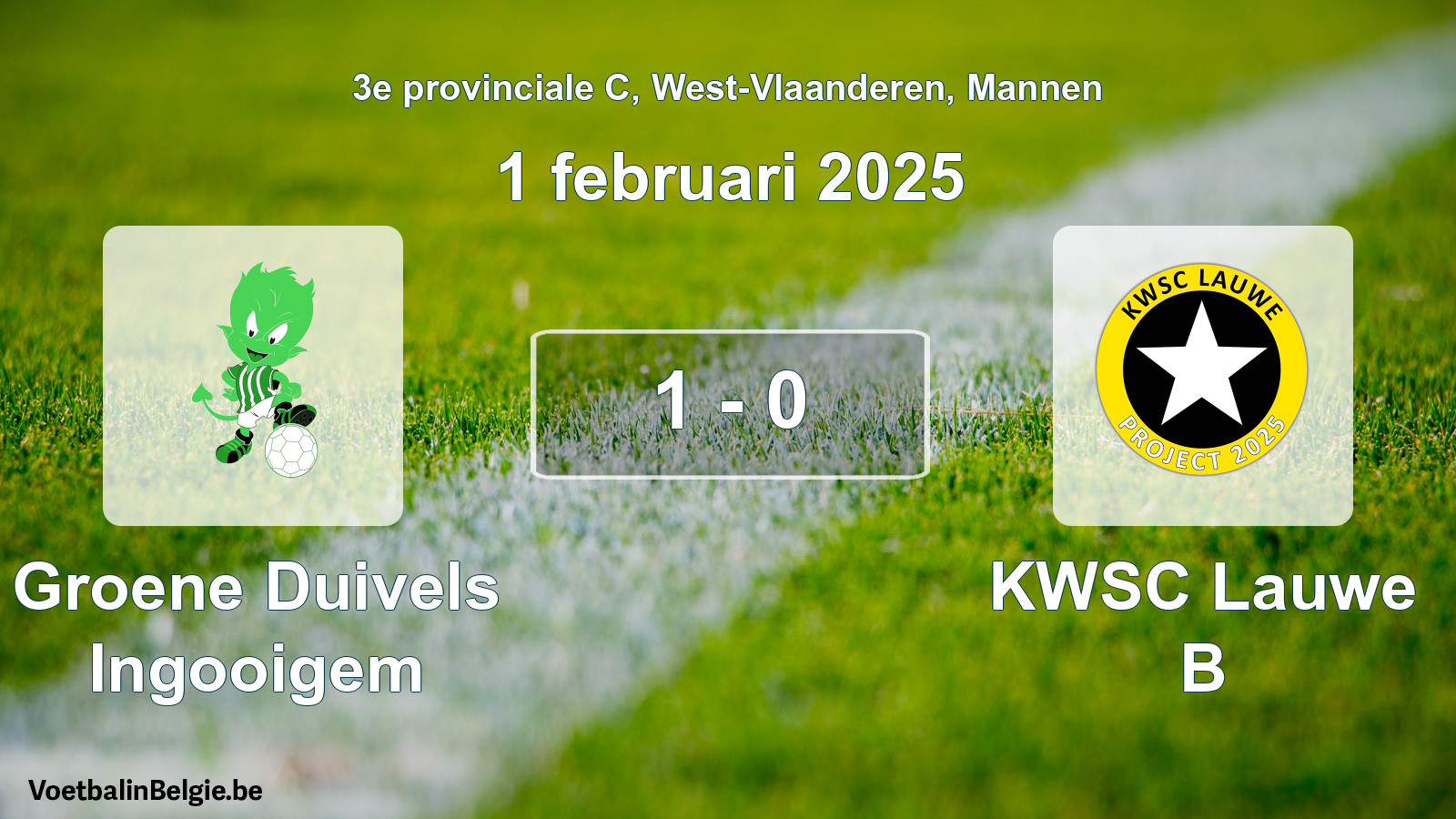 Gespeelde wedstrijd mannenvoetbal: Groene Duivels Ingooigem - KWSC Lauwe B 1 - 0 (1 februari 2025)