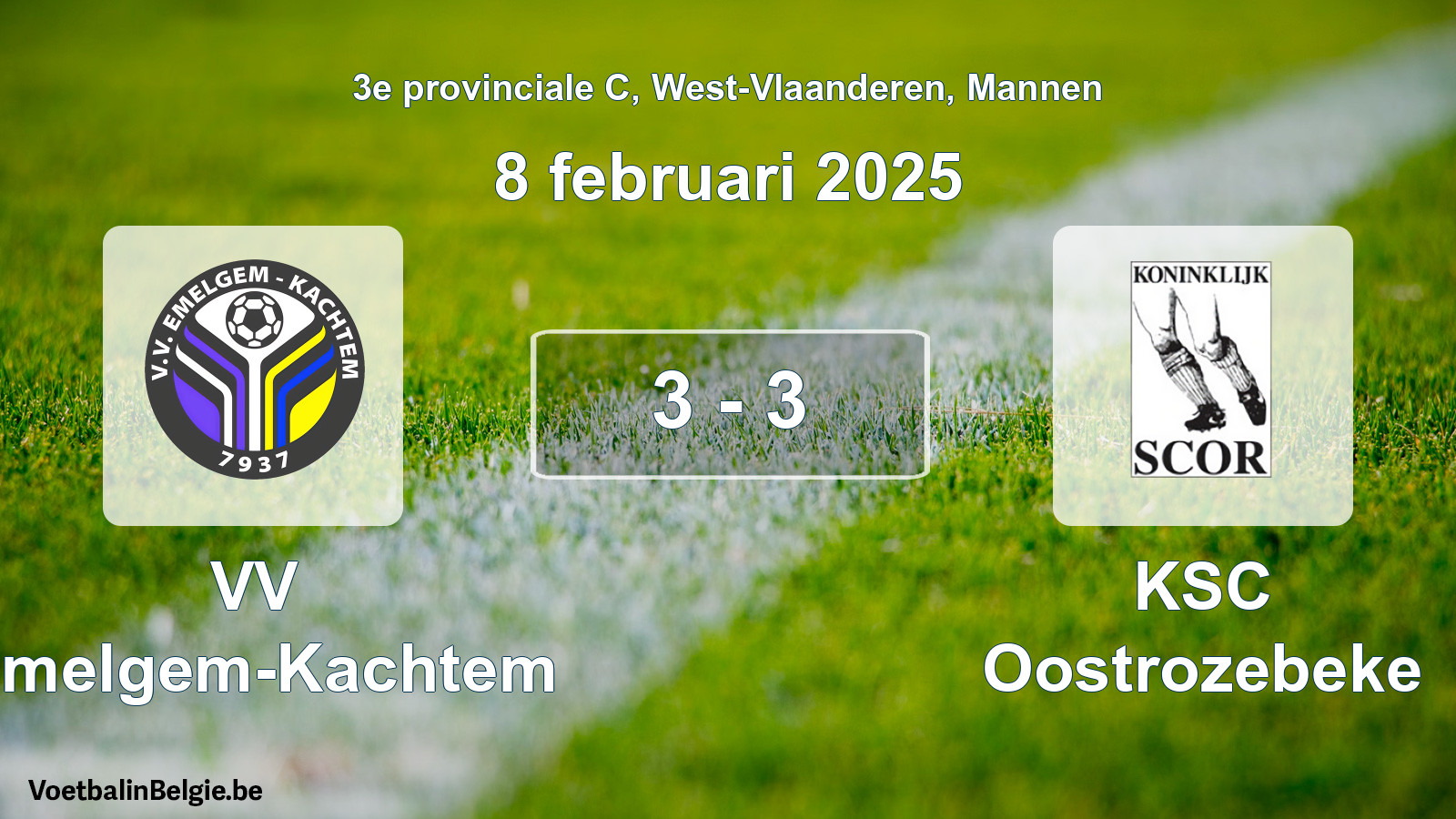 Gespeelde wedstrijd mannenvoetbal: VV Emelgem-Kachtem - KSC Oostrozebeke 3 - 3 (8 februari 2025)