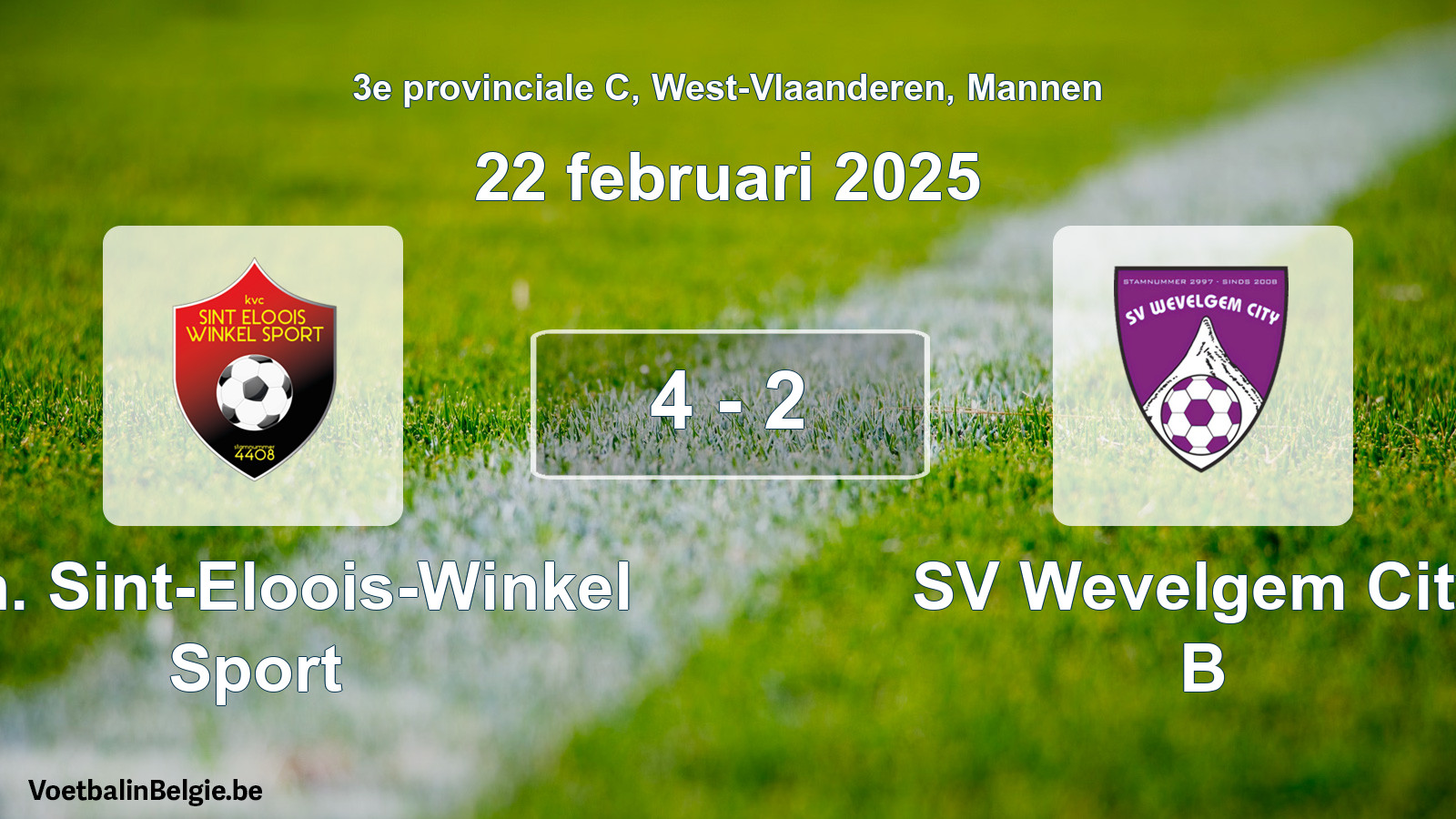 Gespeelde wedstrijd mannenvoetbal: Kon. Sint-Eloois-Winkel Sport - SV Wevelgem City B 4 - 2 (22 februari 2025)