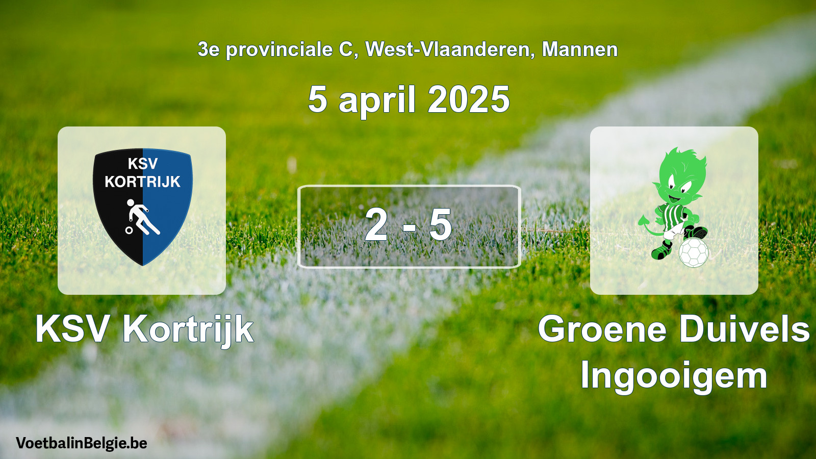 Gespeelde wedstrijd mannenvoetbal: KSV Kortrijk - Groene Duivels Ingooigem 2 - 5 (5 april 2025)