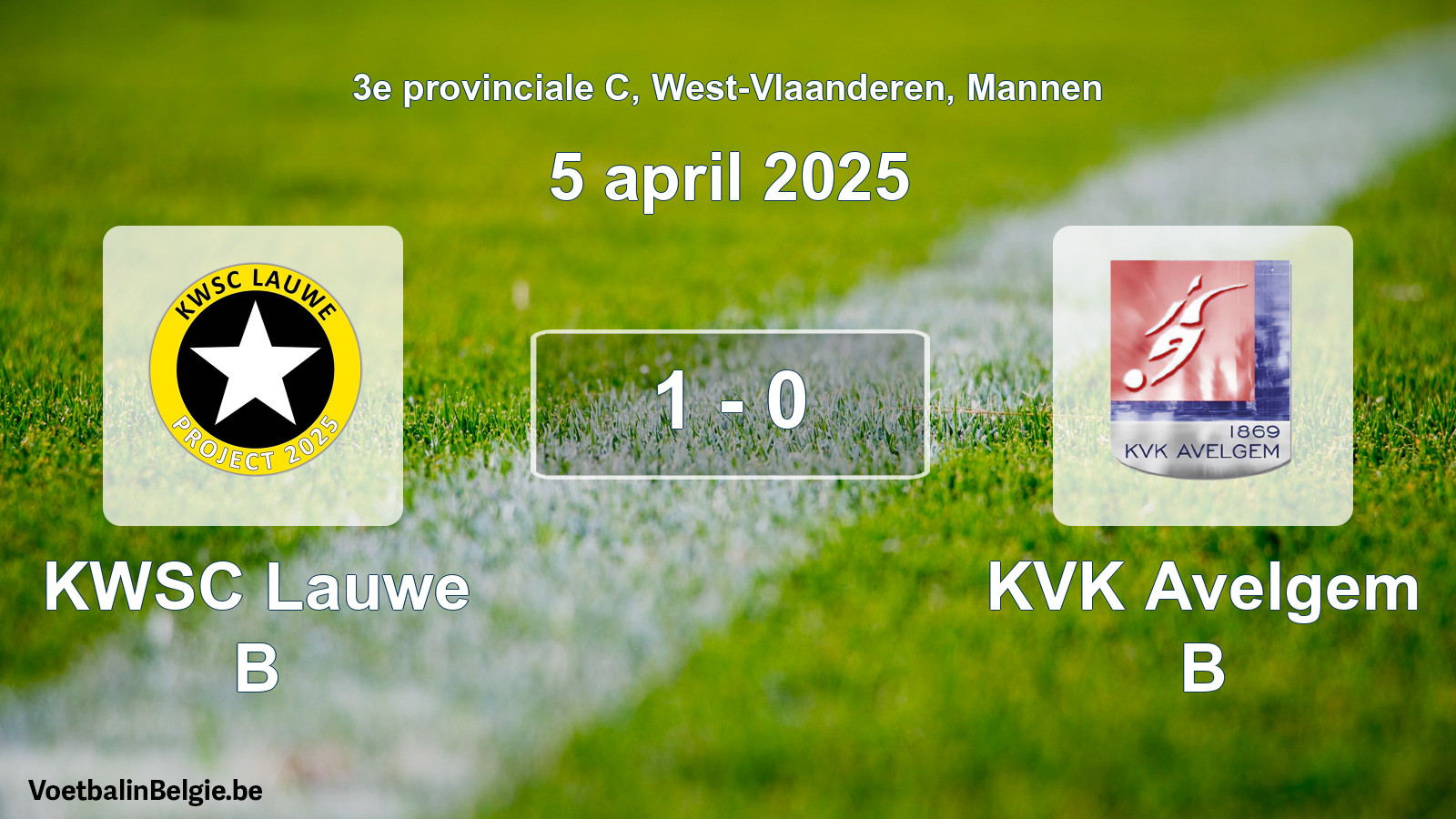 Gespeelde wedstrijd mannenvoetbal: KWSC Lauwe B - KVK Avelgem B 1 - 0 (5 april 2025)