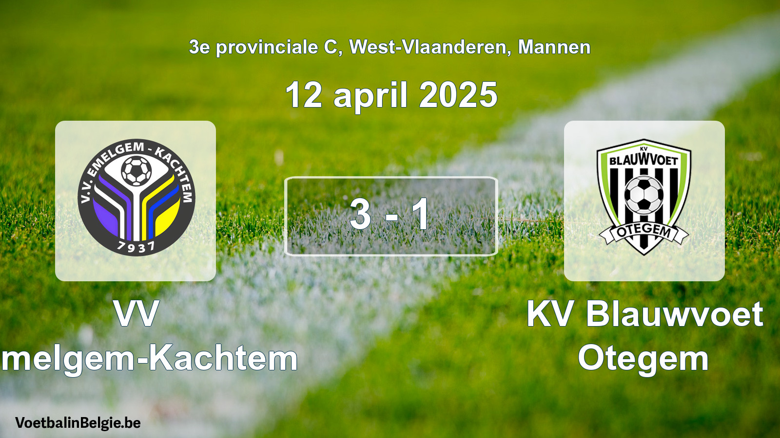 Gespeelde wedstrijd mannenvoetbal: VV Emelgem-Kachtem - KV Blauwvoet Otegem 3 - 1 (12 april 2025)