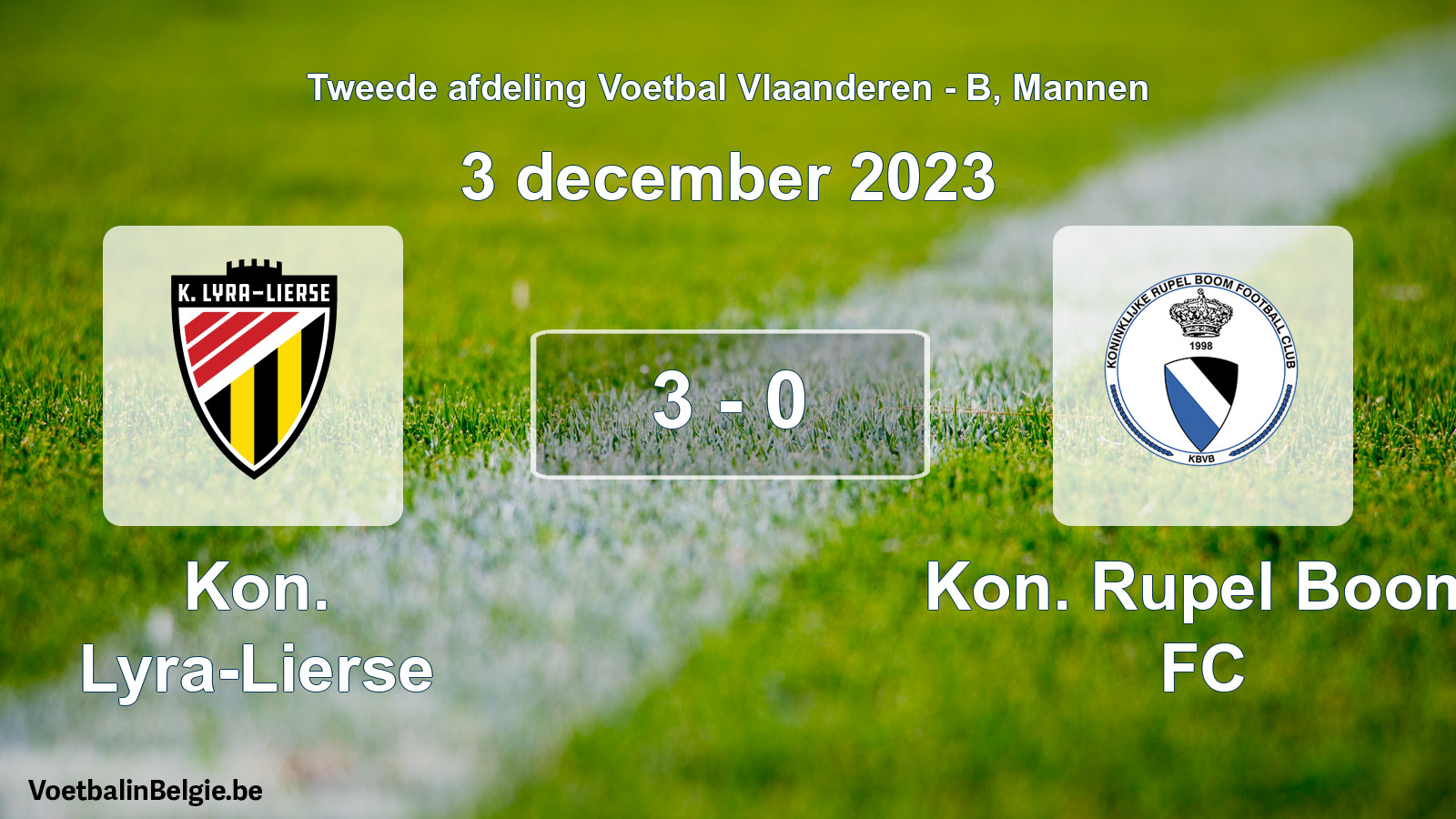 Gespeelde wedstrijd mannenvoetbal: Kon. Lyra-Lierse - Kon. Rupel Boom FC 3 - 0 (3 december 2023)