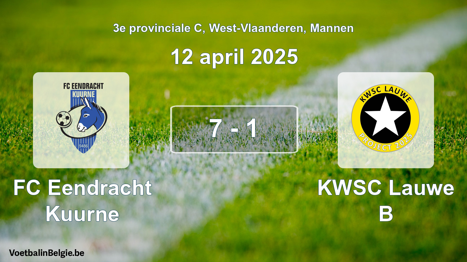 Gespeelde wedstrijd mannenvoetbal: FC Eendracht Kuurne - KWSC Lauwe B 7 - 1 (12 april 2025)