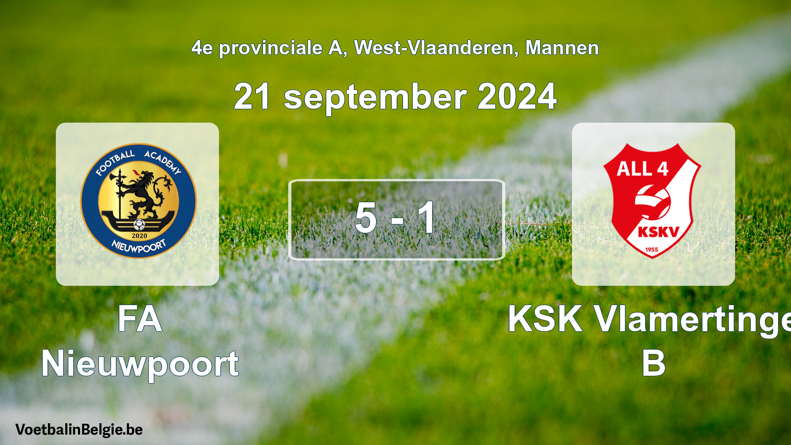 Gespeelde wedstrijd mannenvoetbal: FA Nieuwpoort - KSK Vlamertinge B 5 - 1 (21 september 2024)