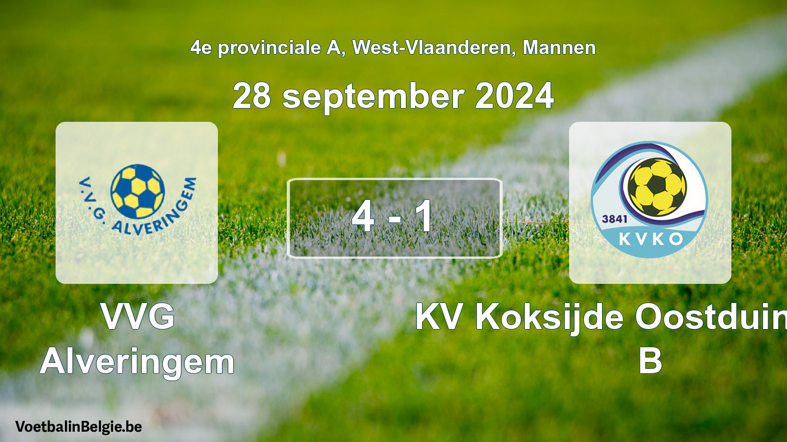 Match joué football hommes: VVG Alveringem - KV Koksijde Oostduinkerke B 4 - 1 (28 septembre 2024)
