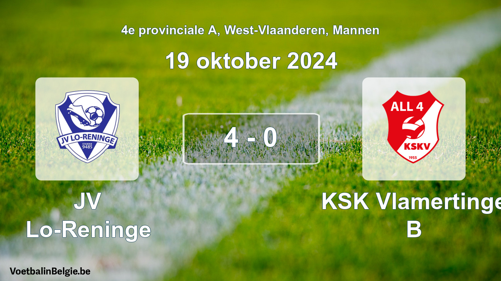 Gespeelde wedstrijd mannenvoetbal: JV Lo-Reninge - KSK Vlamertinge B 4 - 0 (19 oktober 2024)