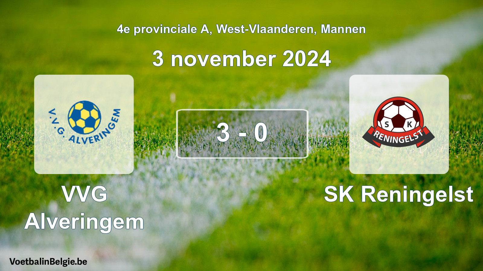 Gespeelde wedstrijd mannenvoetbal: VVG Alveringem - SK Reningelst 3 - 0 (3 november 2024)