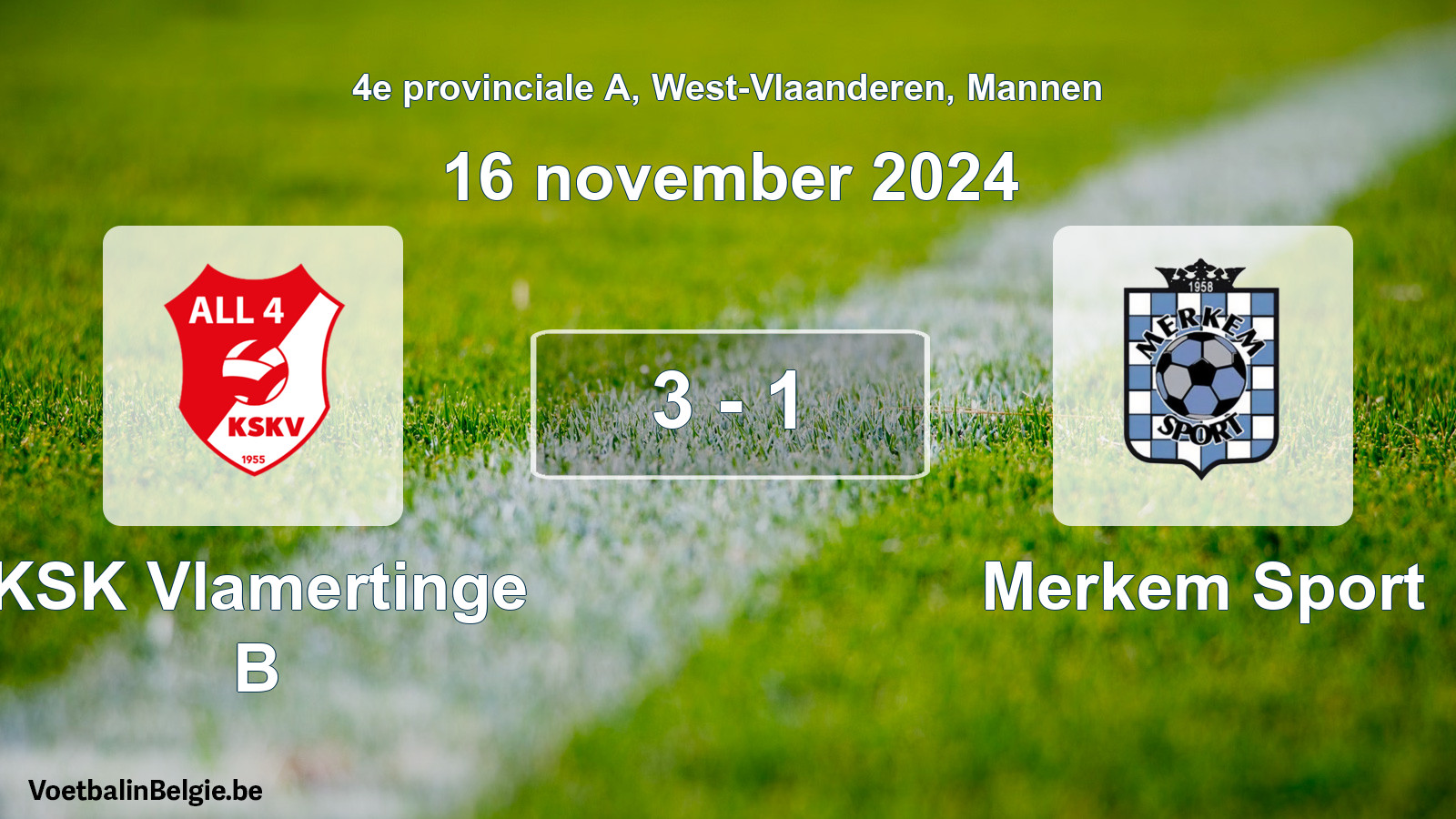 Gespeelde wedstrijd mannenvoetbal: KSK Vlamertinge B - Merkem Sport 3 - 1 (16 november 2024)