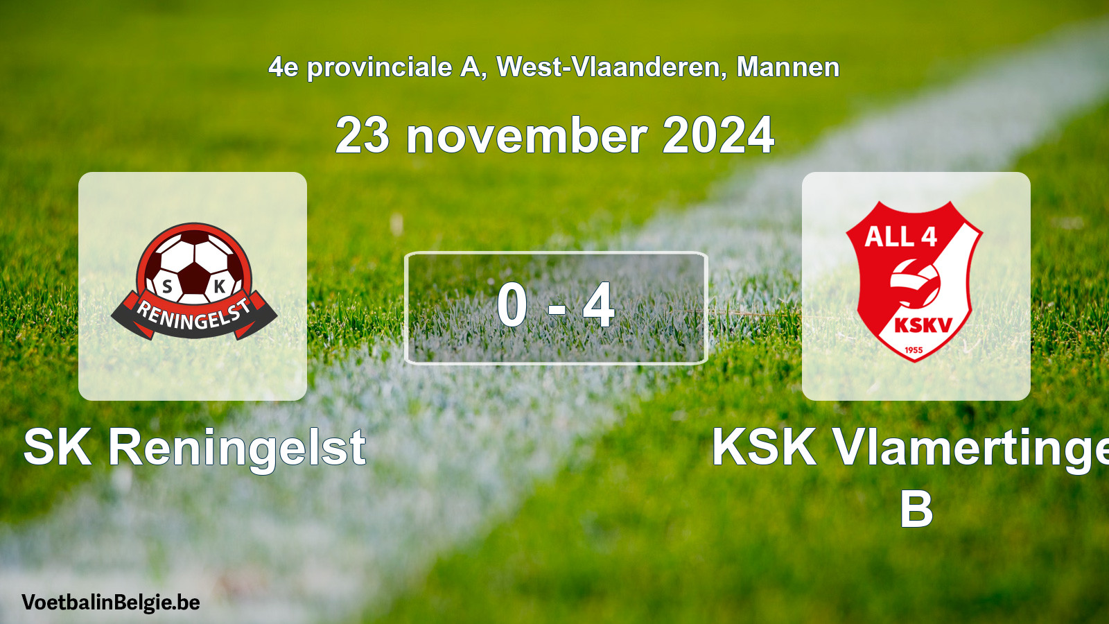 Gespeelde wedstrijd mannenvoetbal: SK Reningelst - KSK Vlamertinge B 0 - 4 (23 november 2024)