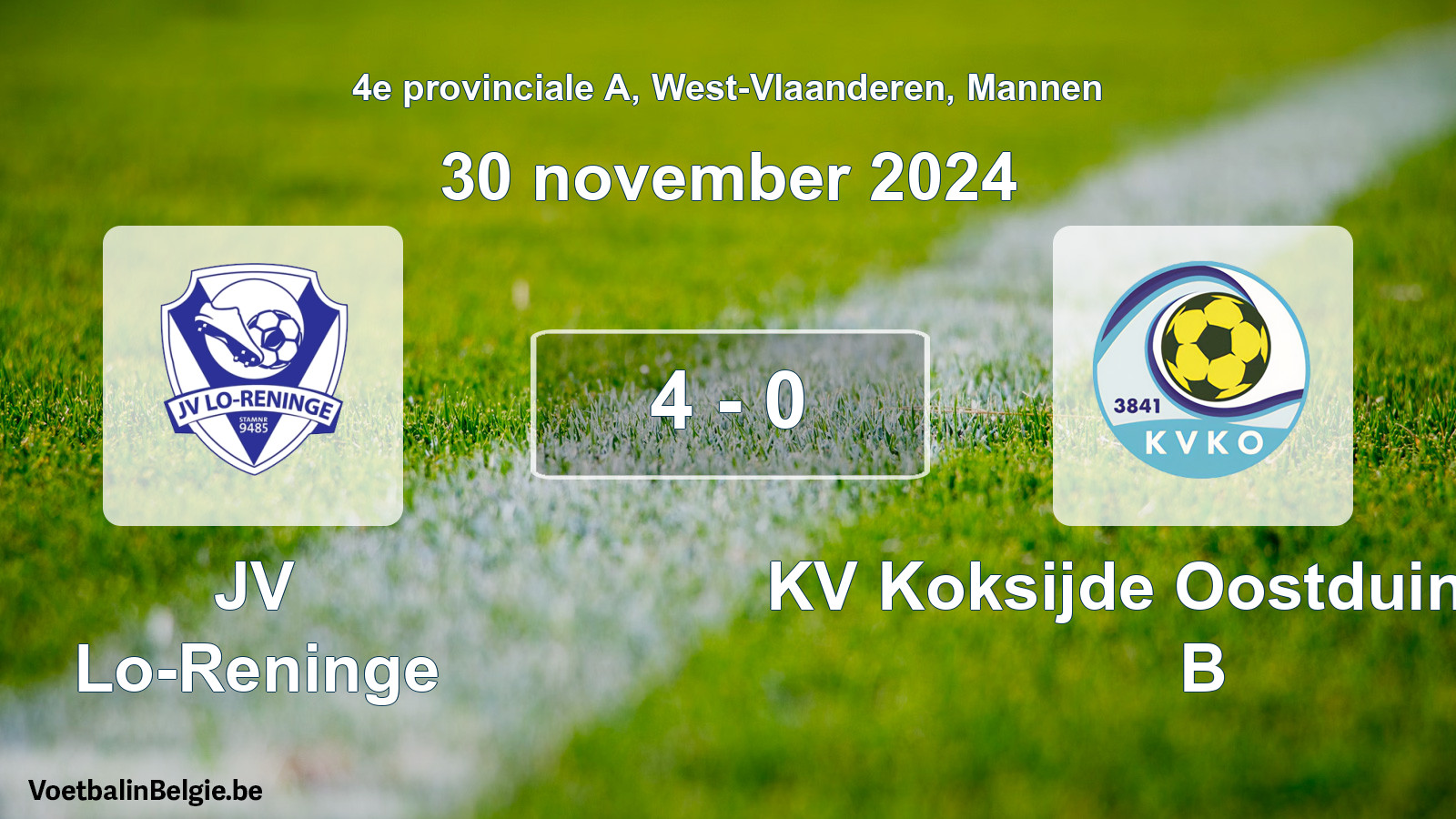 Gespeelde wedstrijd mannenvoetbal: JV Lo-Reninge - KV Koksijde Oostduinkerke B 4 - 0 (30 november 2024)