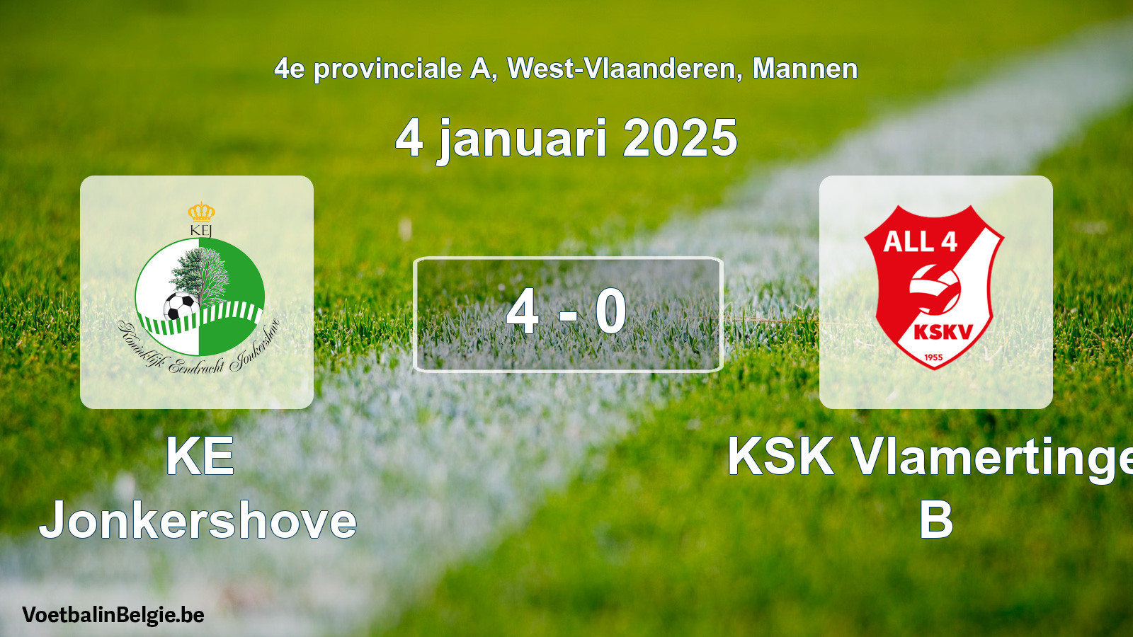 Gespeelde wedstrijd mannenvoetbal: KE Jonkershove - KSK Vlamertinge B 4 - 0 (4 januari 2025)