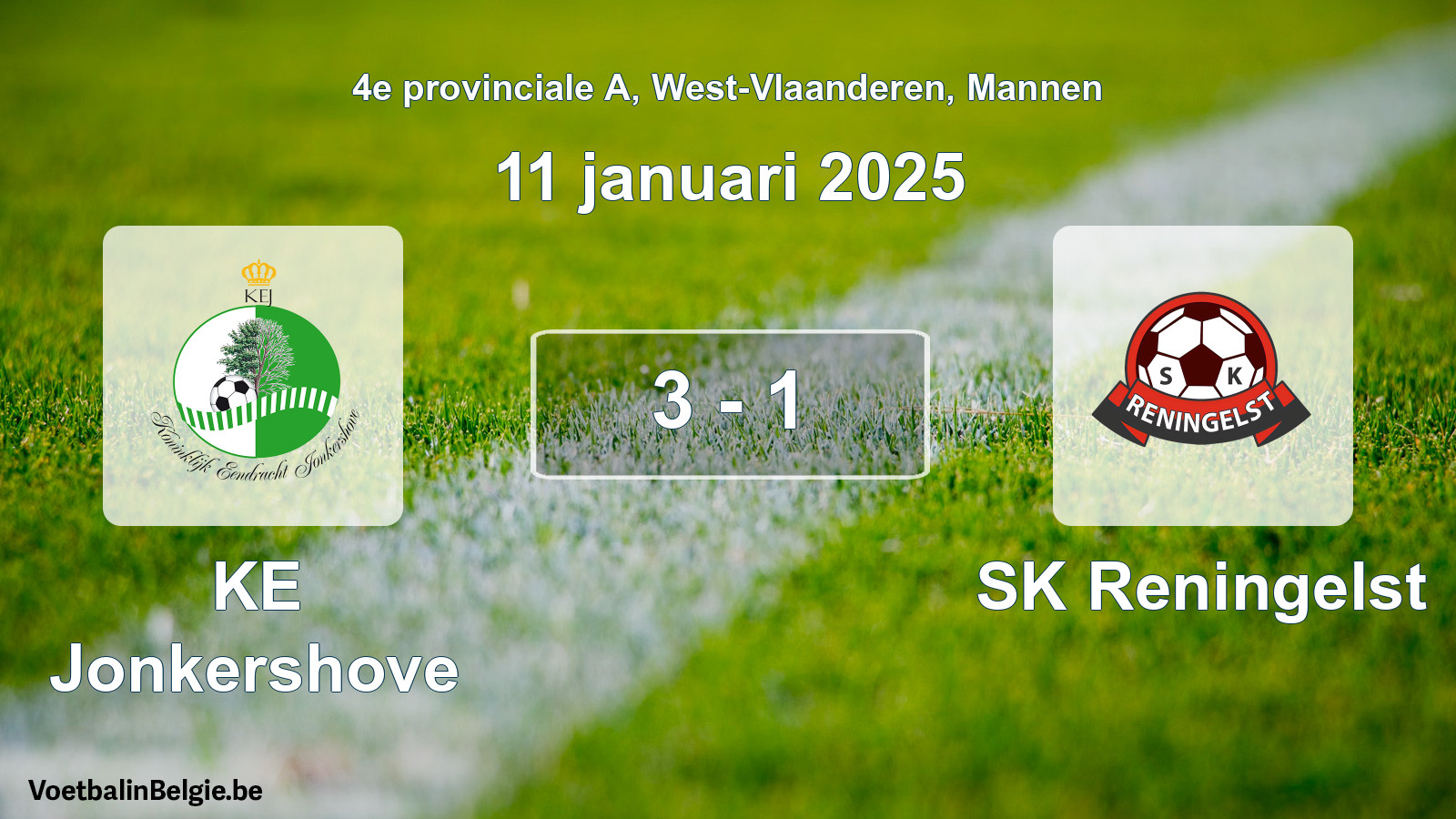 Gespeelde wedstrijd mannenvoetbal: KE Jonkershove - SK Reningelst 3 - 1 (11 januari 2025)