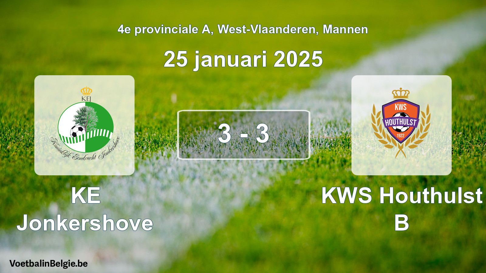 Gespeelde wedstrijd mannenvoetbal: KE Jonkershove - KWS Houthulst B 3 - 3 (25 januari 2025)