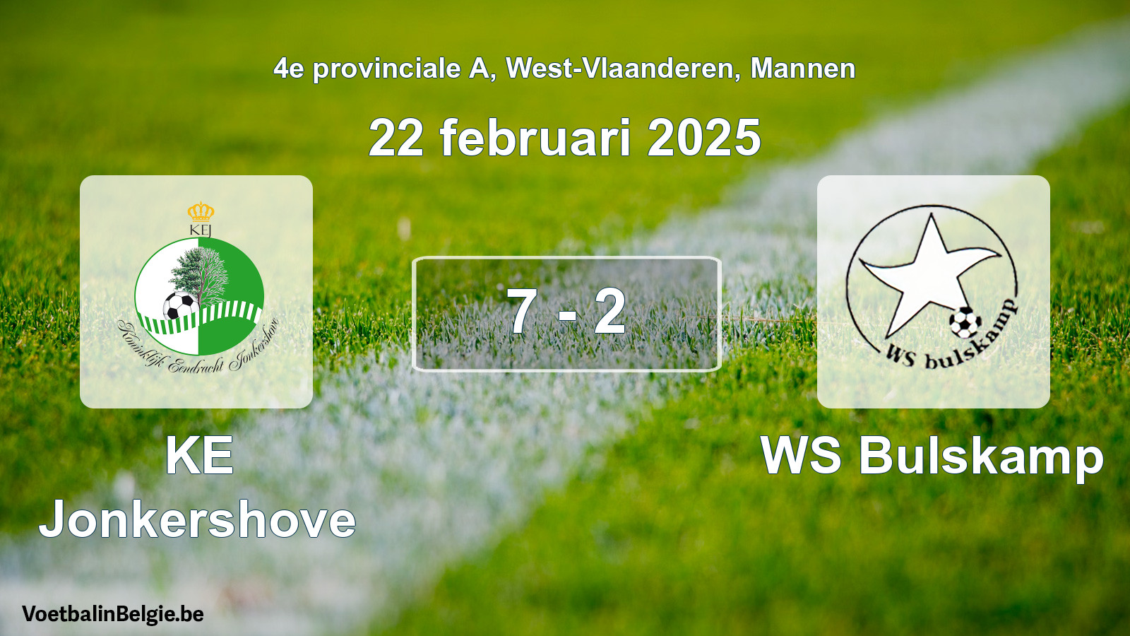 Gespeelde wedstrijd mannenvoetbal: KE Jonkershove - WS Bulskamp 7 - 2 (22 februari 2025)