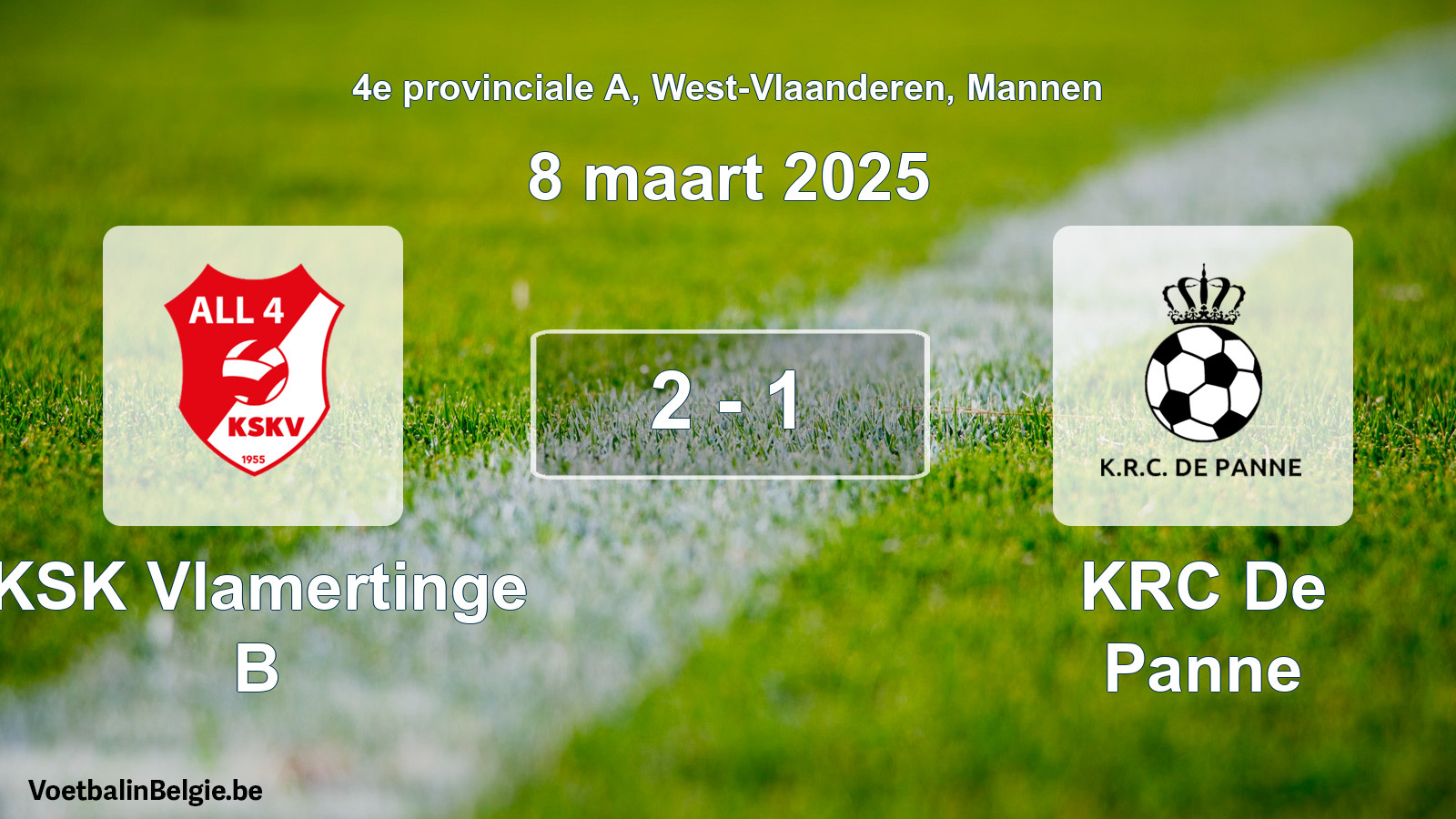 Gespeelde wedstrijd mannenvoetbal: KSK Vlamertinge B - KRC De Panne 2 - 1 (8 maart 2025)
