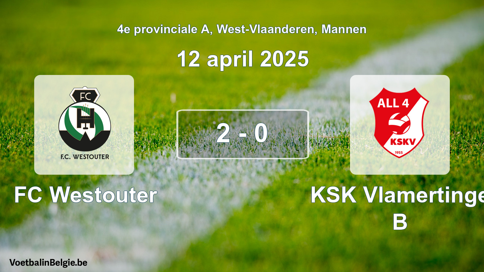 Match joué football hommes: FC Westouter - KSK Vlamertinge B 2 - 0 (12 avril 2025)