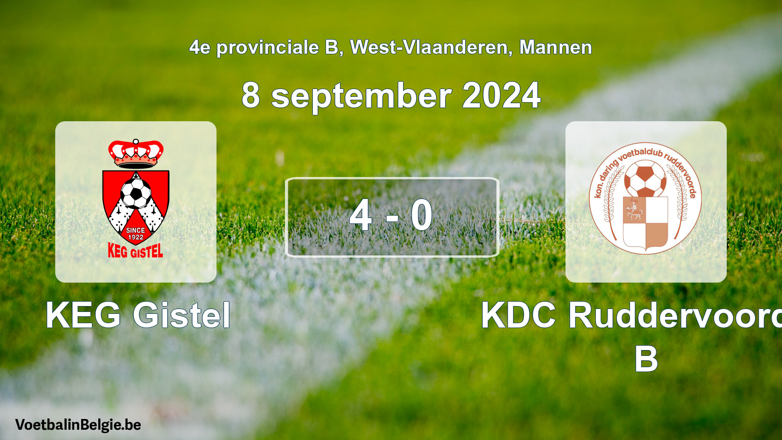 Gespeelde wedstrijd mannenvoetbal: KEG Gistel - KDC Ruddervoorde B 4 - 0 (8 september 2024)