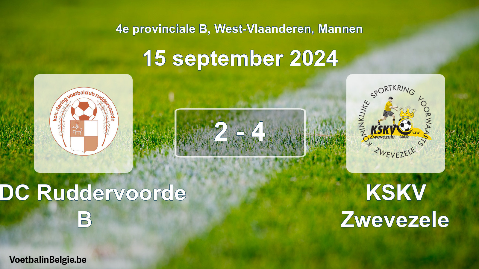 Gespeelde wedstrijd mannenvoetbal: KDC Ruddervoorde B - KSKV Zwevezele 2 - 4 (15 september 2024)