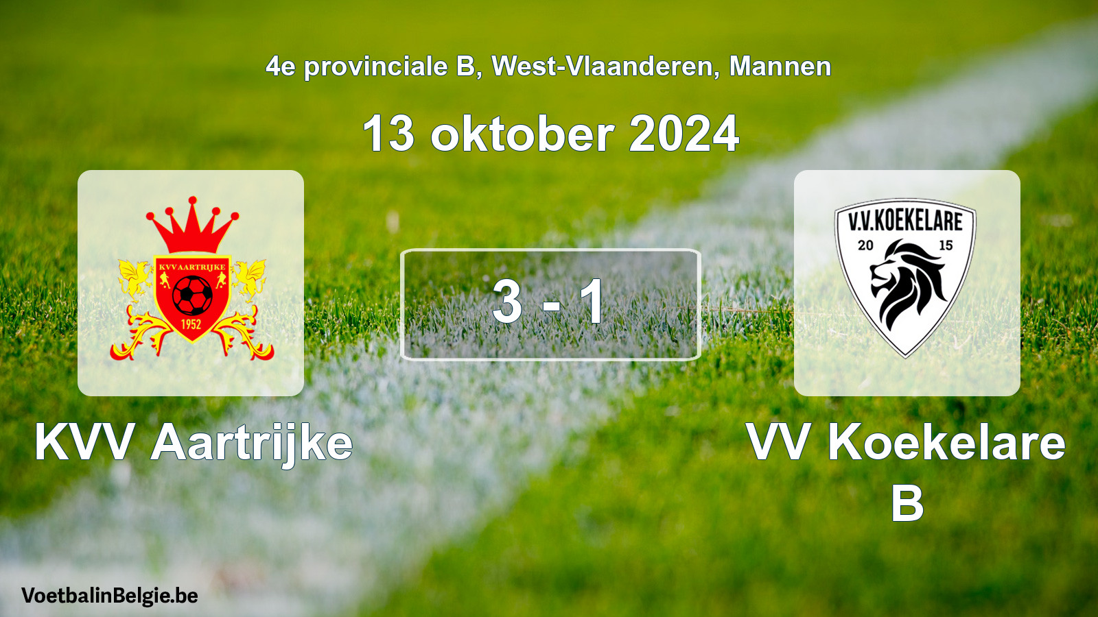 Gespeelde wedstrijd mannenvoetbal: KVV Aartrijke - VV Koekelare B 3 - 1 (13 oktober 2024)