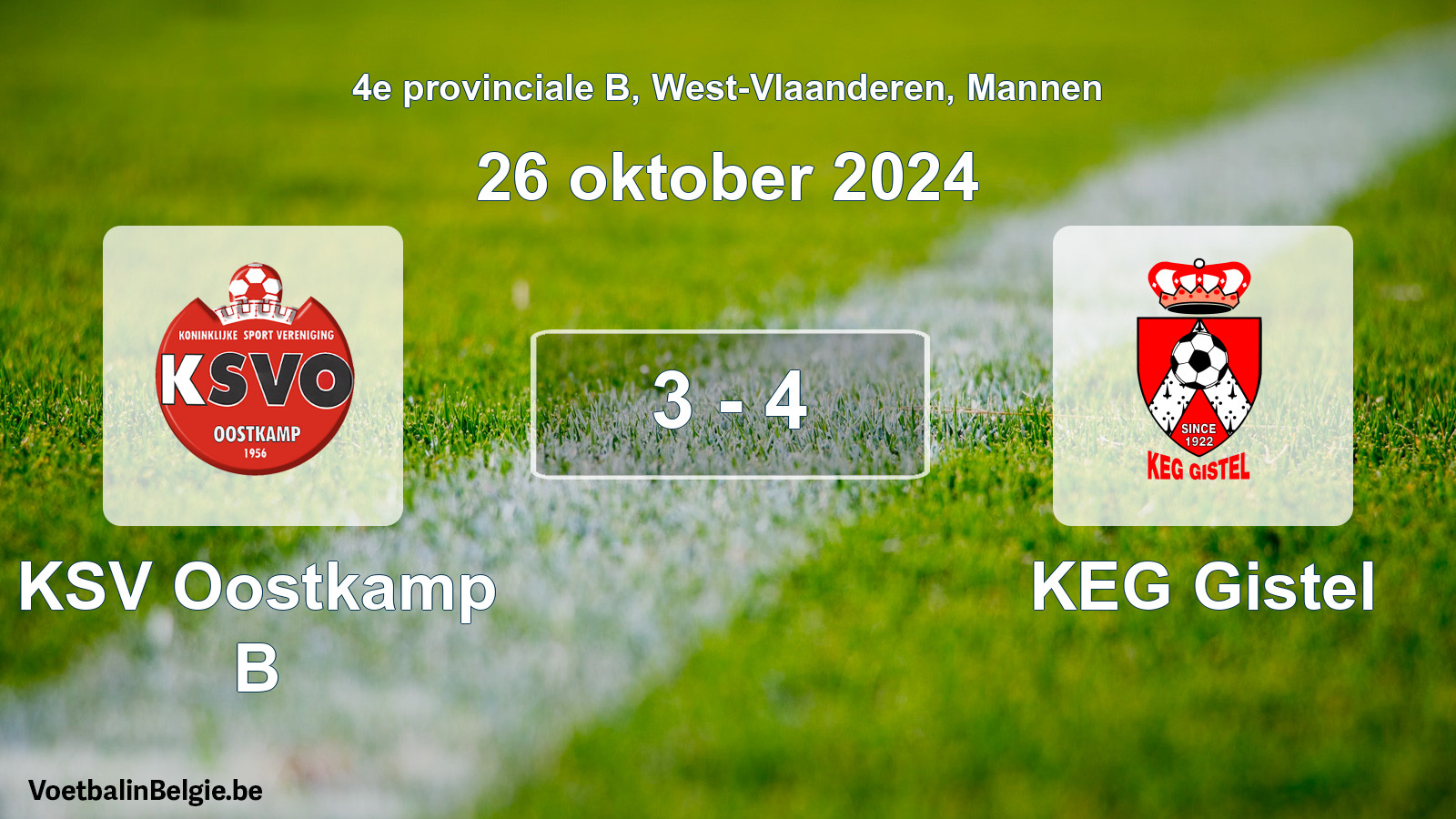 Gespeelde wedstrijd mannenvoetbal: KSV Oostkamp B - KEG Gistel 3 - 4 (26 oktober 2024)