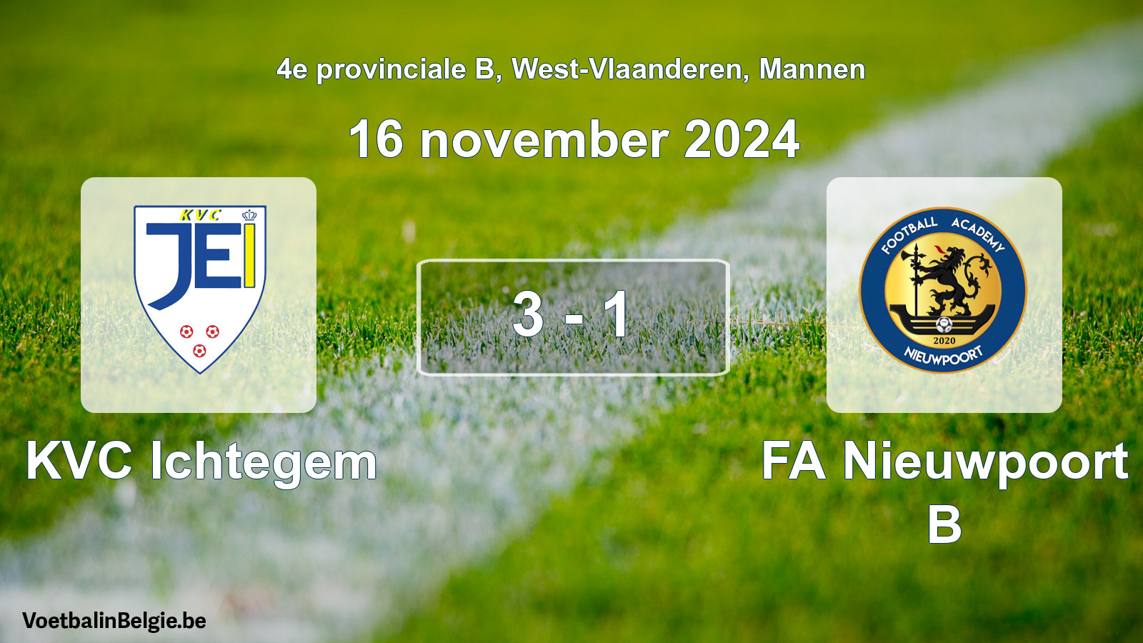 Gespeelde wedstrijd mannenvoetbal: KVC Ichtegem - FA Nieuwpoort B 3 - 1 (16 november 2024)