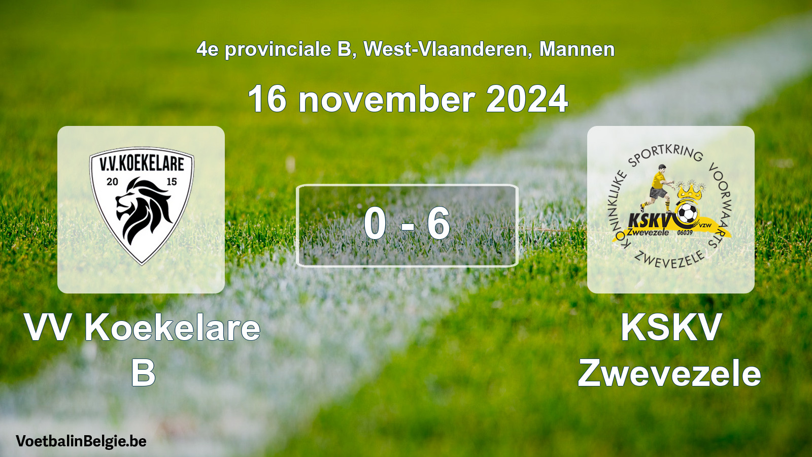 Gespeelde wedstrijd mannenvoetbal: VV Koekelare B - KSKV Zwevezele 0 - 6 (16 november 2024)