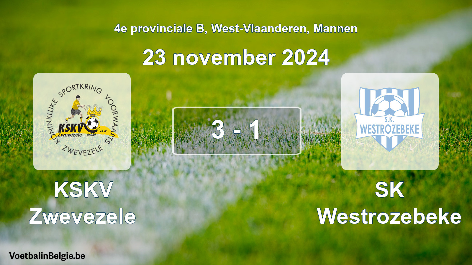Gespeelde wedstrijd mannenvoetbal: KSKV Zwevezele - SK Westrozebeke 3 - 1 (23 november 2024)