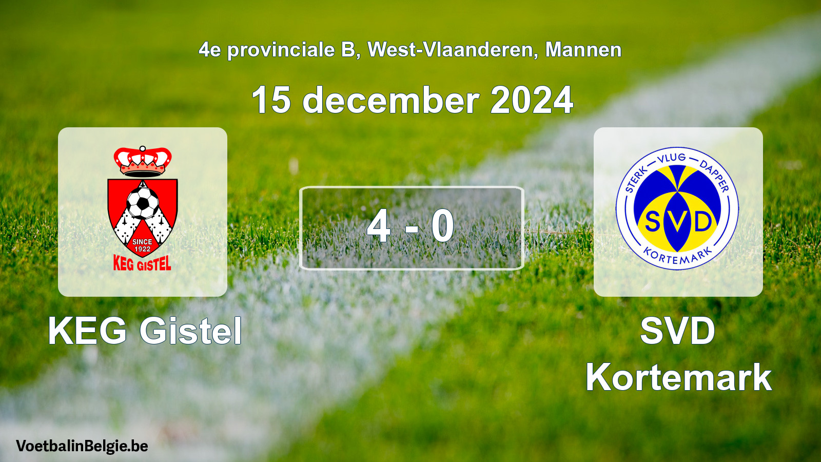 Gespeelde wedstrijd mannenvoetbal: KEG Gistel - SVD Kortemark 4 - 0 (15 december 2024)