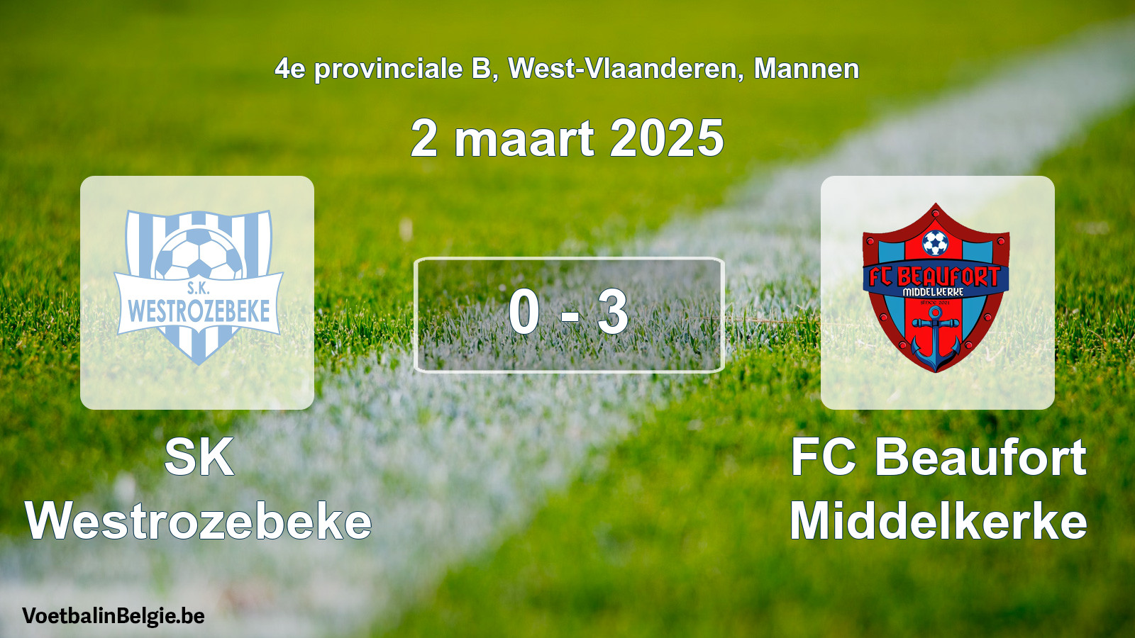 Gespeelde wedstrijd mannenvoetbal: SK Westrozebeke - FC Beaufort Middelkerke 0 - 3 (2 maart 2025)
