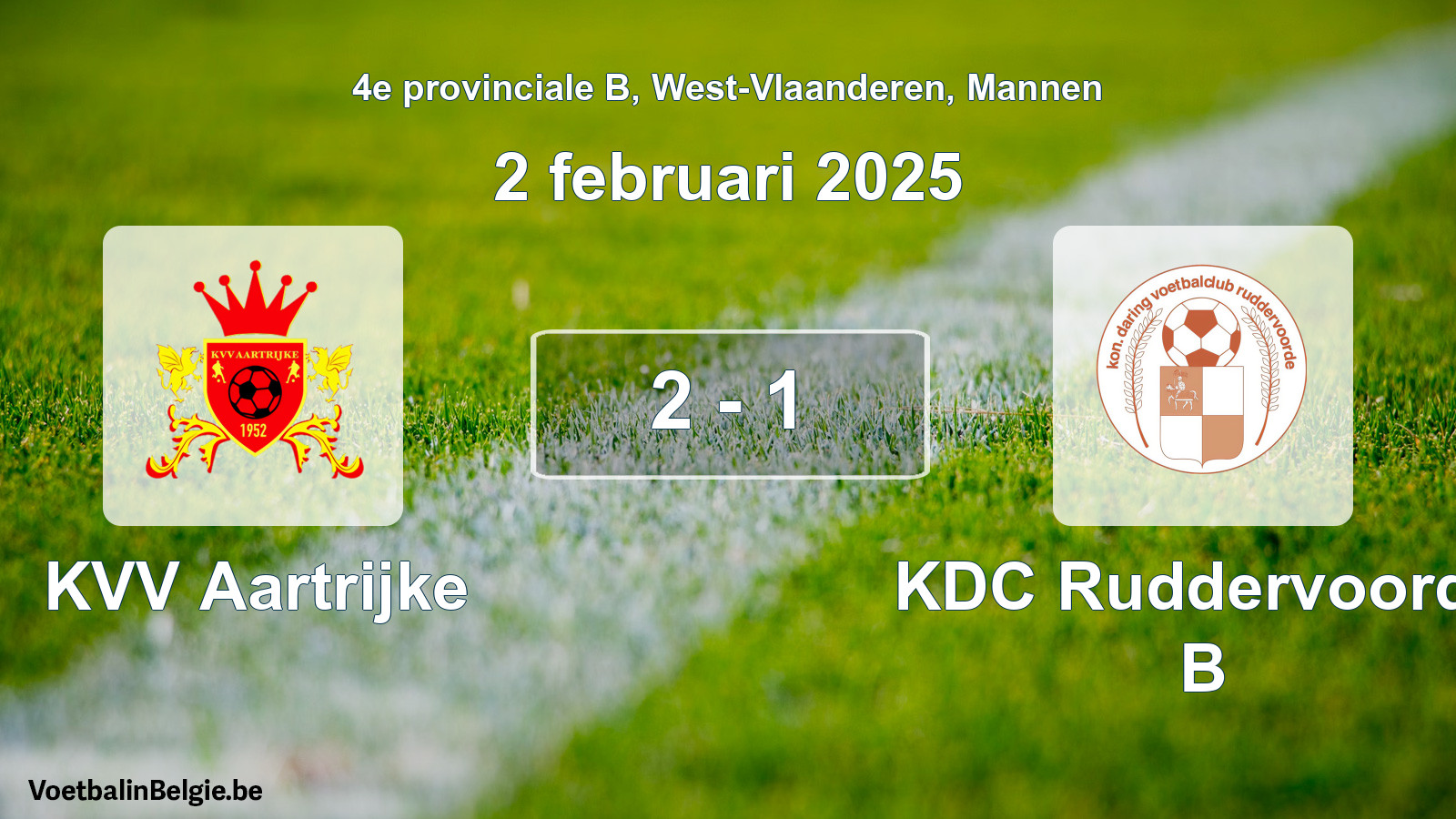 Gespeelde wedstrijd mannenvoetbal: KVV Aartrijke - KDC Ruddervoorde B 2 - 1 (2 februari 2025)