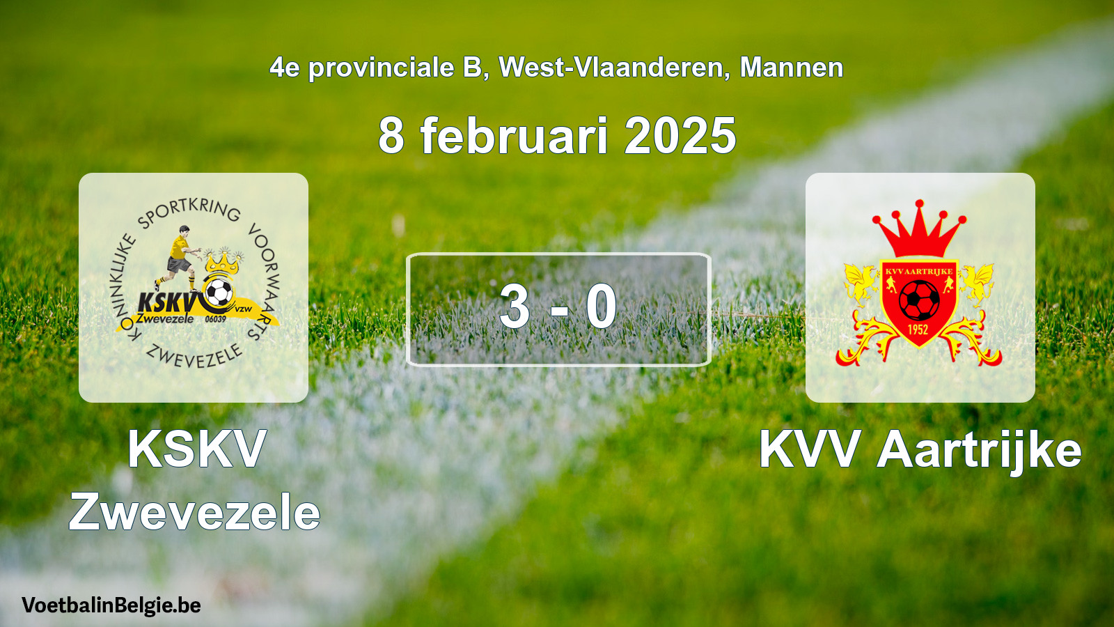 Gespeelde wedstrijd mannenvoetbal: KSKV Zwevezele - KVV Aartrijke 3 - 0 (8 februari 2025)