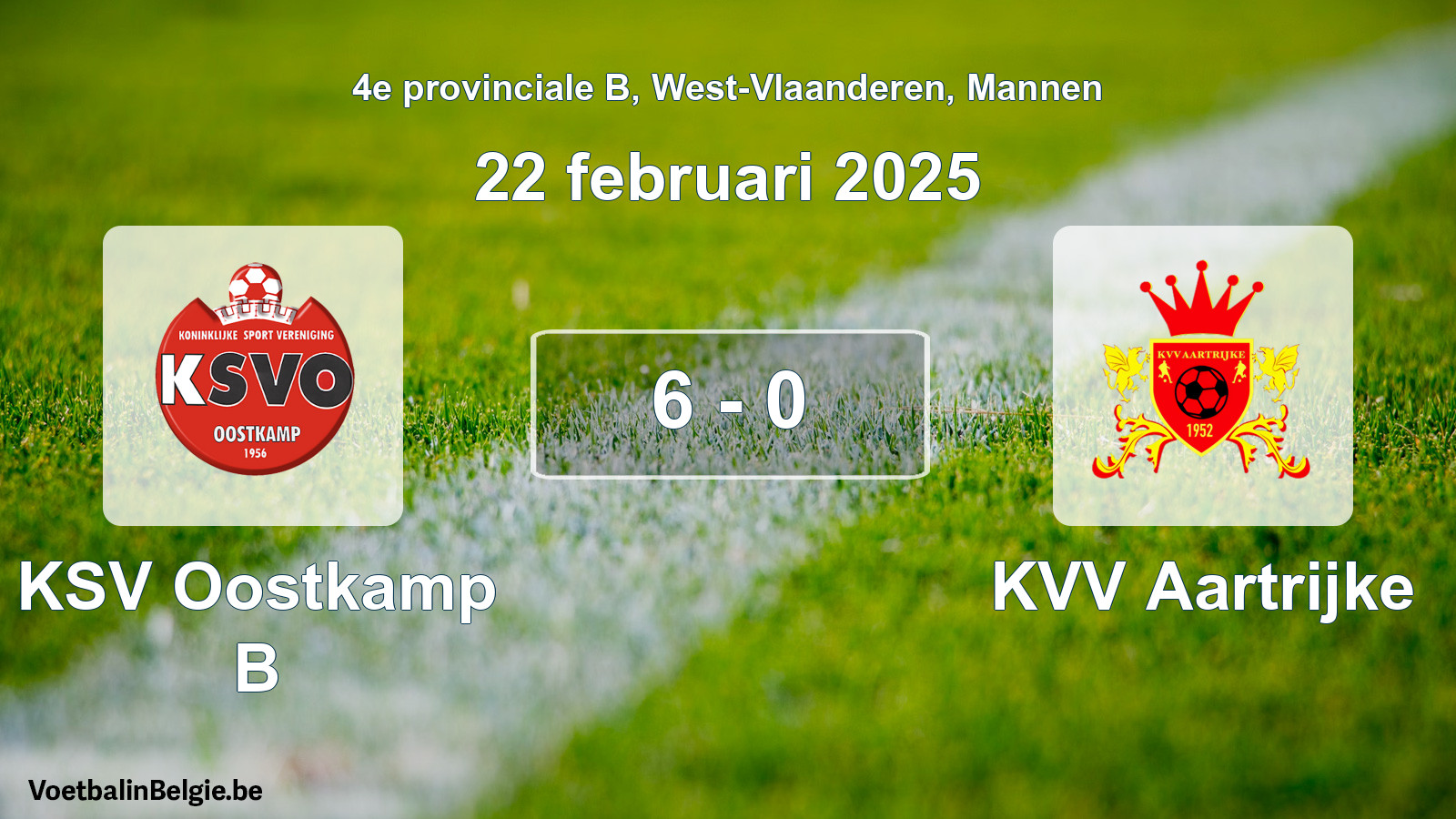 Gespeelde wedstrijd mannenvoetbal: KSV Oostkamp B - KVV Aartrijke 6 - 0 (22 februari 2025)