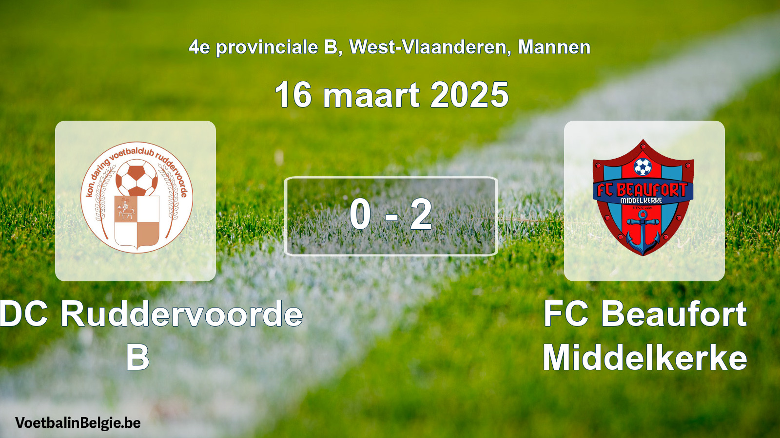 Gespeelde wedstrijd mannenvoetbal: KDC Ruddervoorde B - FC Beaufort Middelkerke 0 - 2 (16 maart 2025)