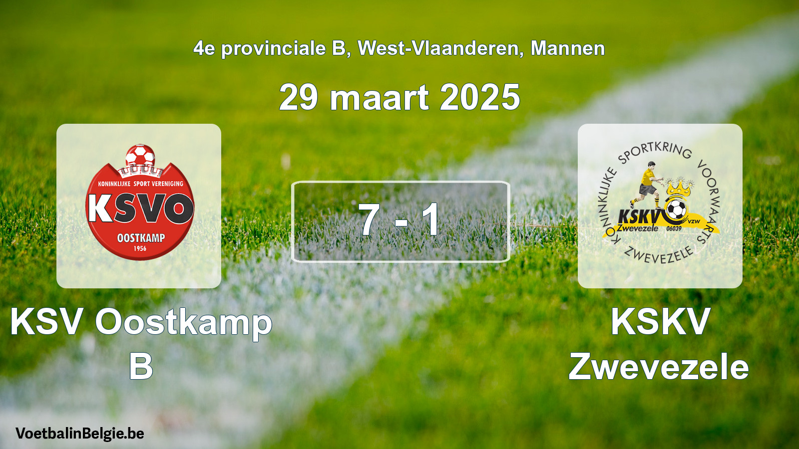 Gespeelde wedstrijd mannenvoetbal: KSV Oostkamp B - KSKV Zwevezele 7 - 1 (29 maart 2025)