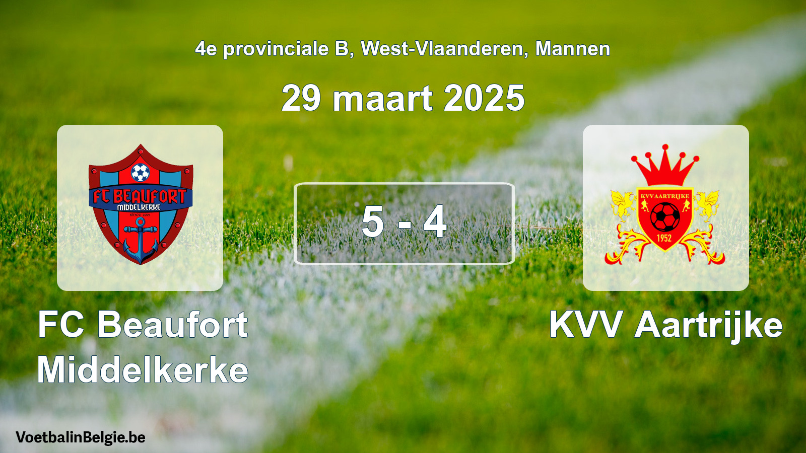 Gespeelde wedstrijd mannenvoetbal: FC Beaufort Middelkerke - KVV Aartrijke 5 - 4 (29 maart 2025)
