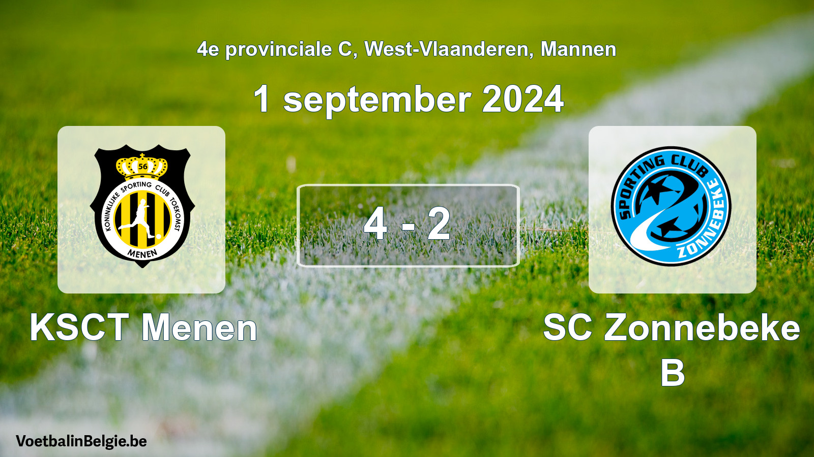 Gespeelde wedstrijd mannenvoetbal: KSCT Menen - SC Zonnebeke B 4 - 2 (1 september 2024)