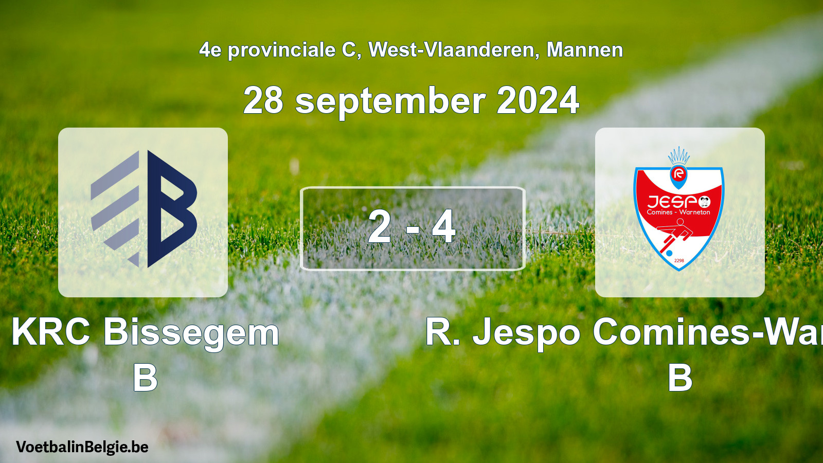 Gespeelde wedstrijd mannenvoetbal: KRC Bissegem B - R. Jespo Comines-Warneton B 2 - 4 (28 september 2024)