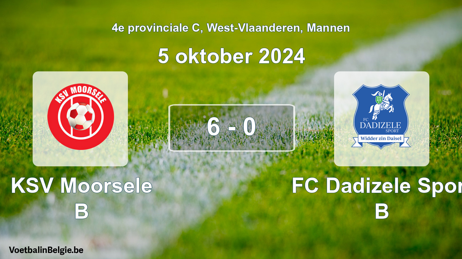 Gespeelde wedstrijd mannenvoetbal: KSV Moorsele B - FC Dadizele Sport B 6 - 0 (5 oktober 2024)
