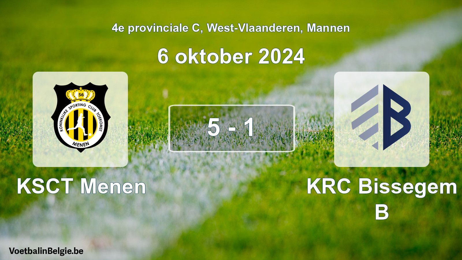 Gespeelde wedstrijd mannenvoetbal: KSCT Menen - KRC Bissegem B 5 - 1 (6 oktober 2024)
