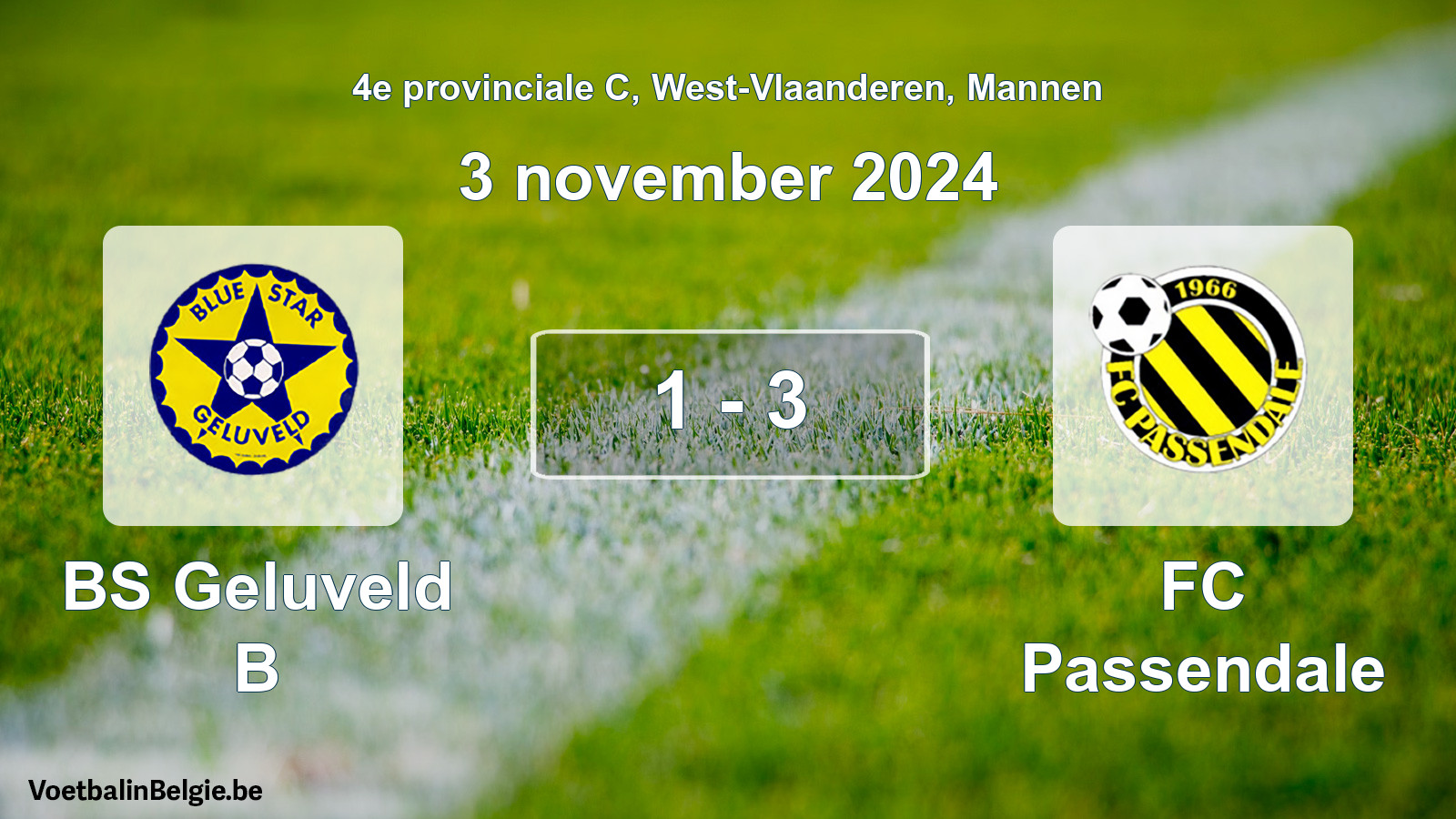 Gespeelde wedstrijd mannenvoetbal: BS Geluveld B - FC Passendale 1 - 3 (3 november 2024)