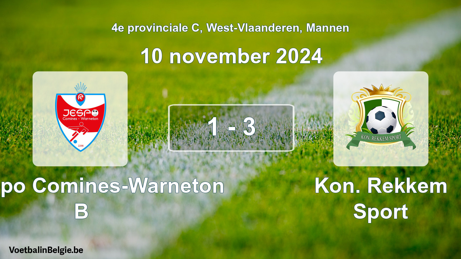 Gespeelde wedstrijd mannenvoetbal: R. Jespo Comines-Warneton B - Kon. Rekkem Sport 1 - 3 (10 november 2024)